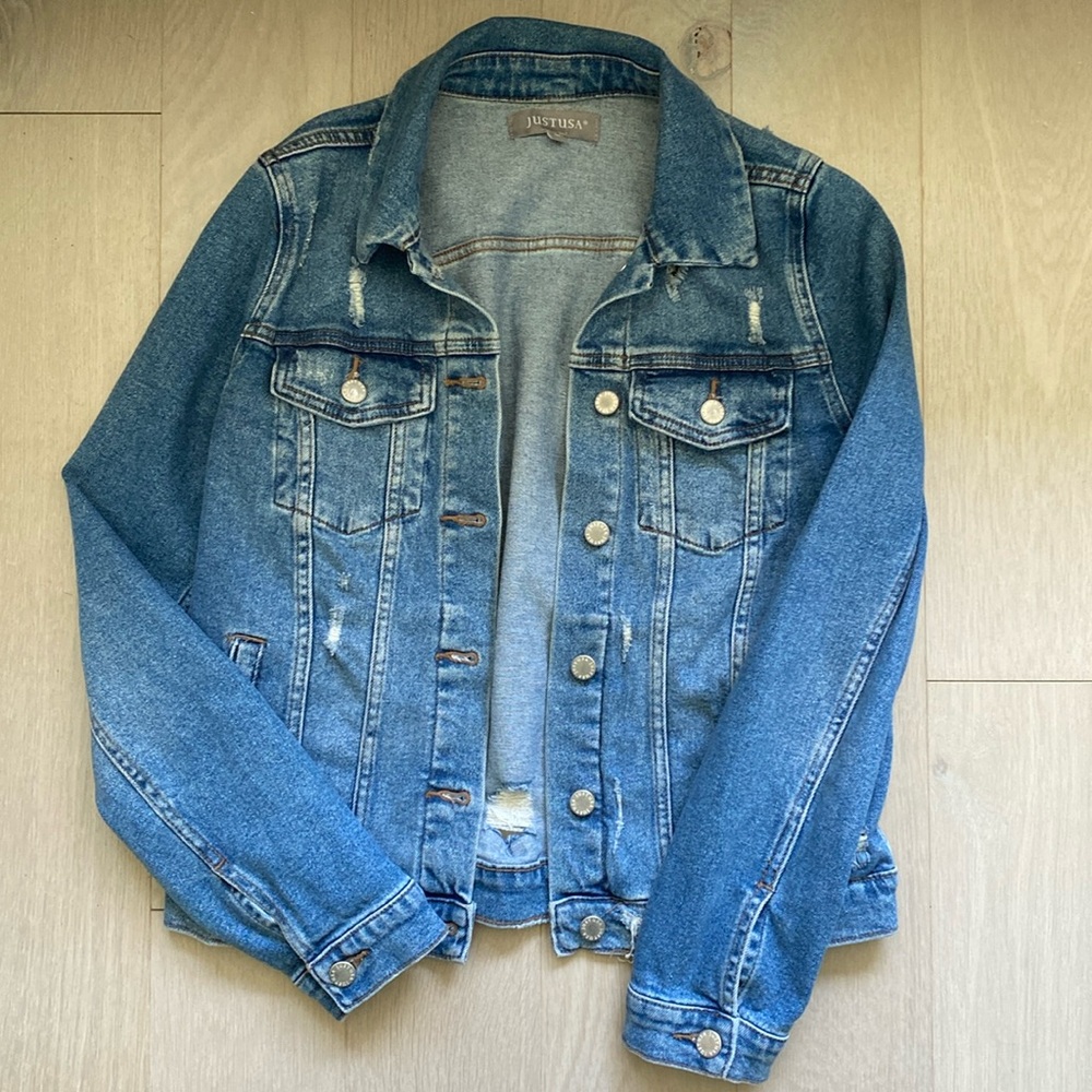 JUST USA size M distressed denim jacket. Great condition, like new.